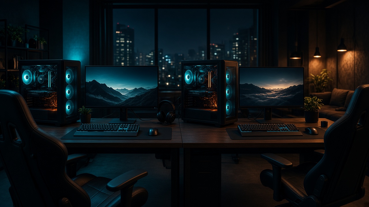 Two high-performance gaming setups side by side in the club