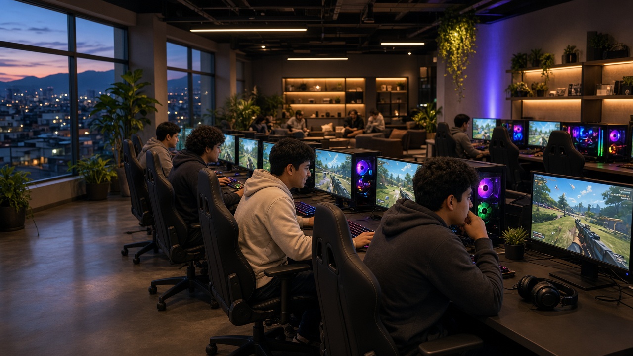 Friends gaming together in the club social area