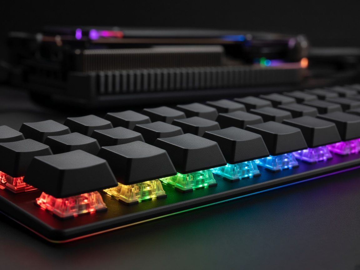 Close-up of a mechanical gaming keyboard with RGB lighting