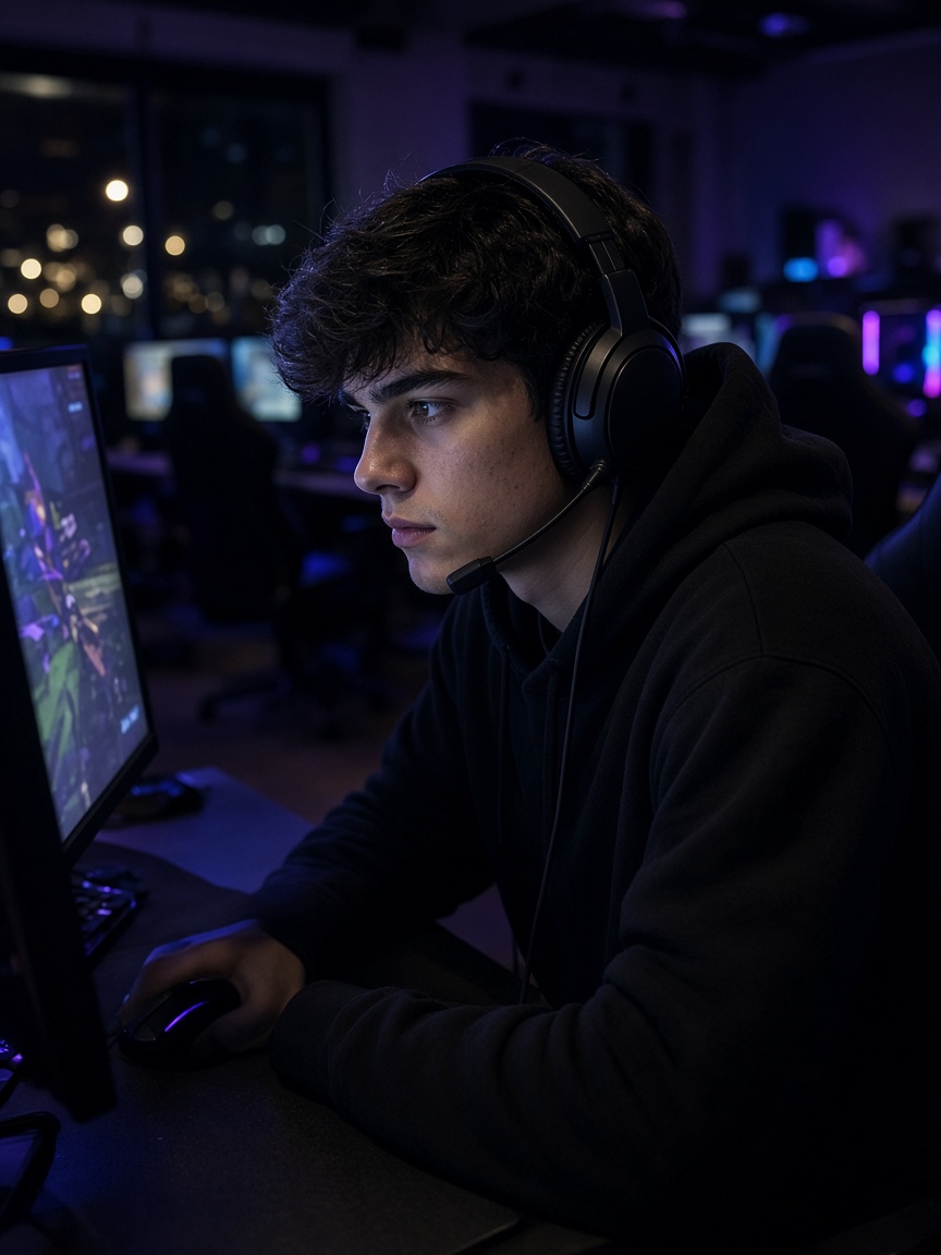 Gamer focused on a screen in a dark computer club station