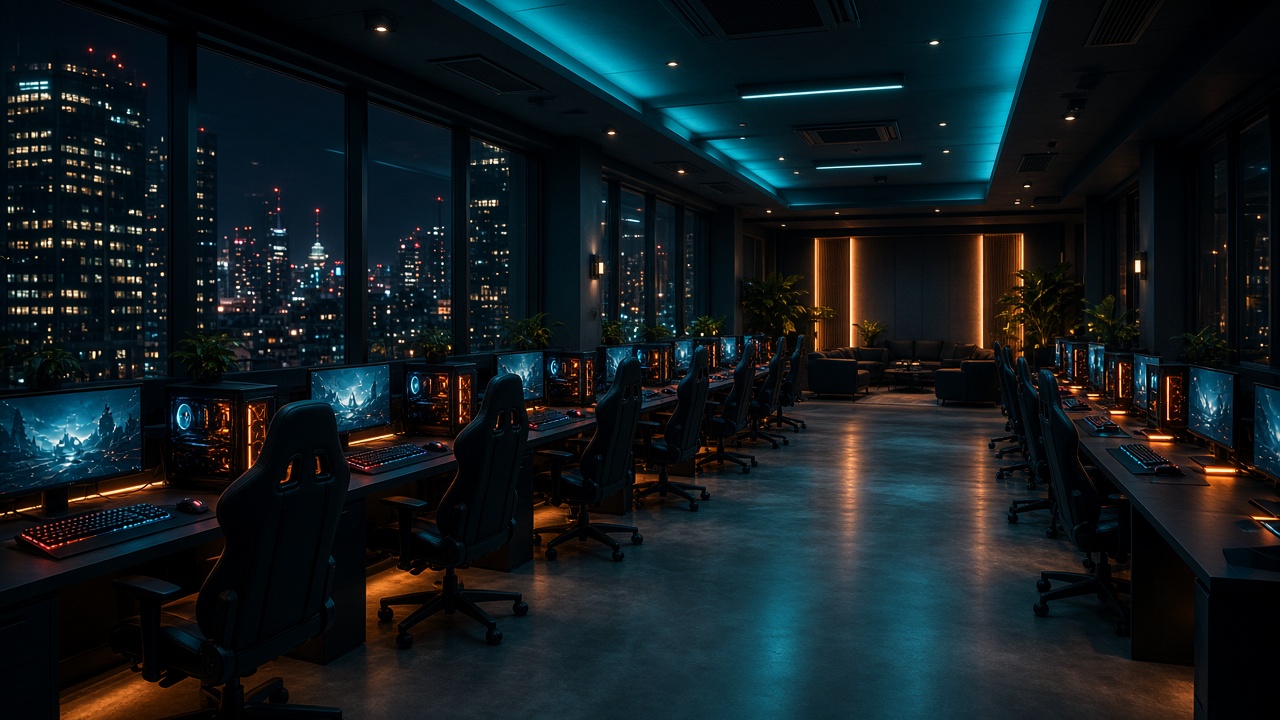 Rows of glowing PC stations inside ByteMesa computer club