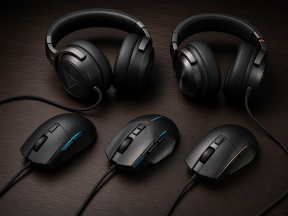 Gaming mice and headsets arranged on a display table