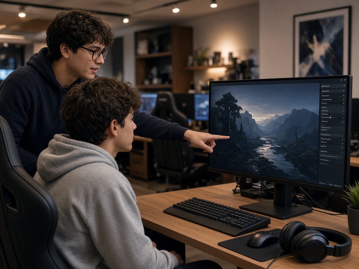 Staff helping a guest set up a gaming station