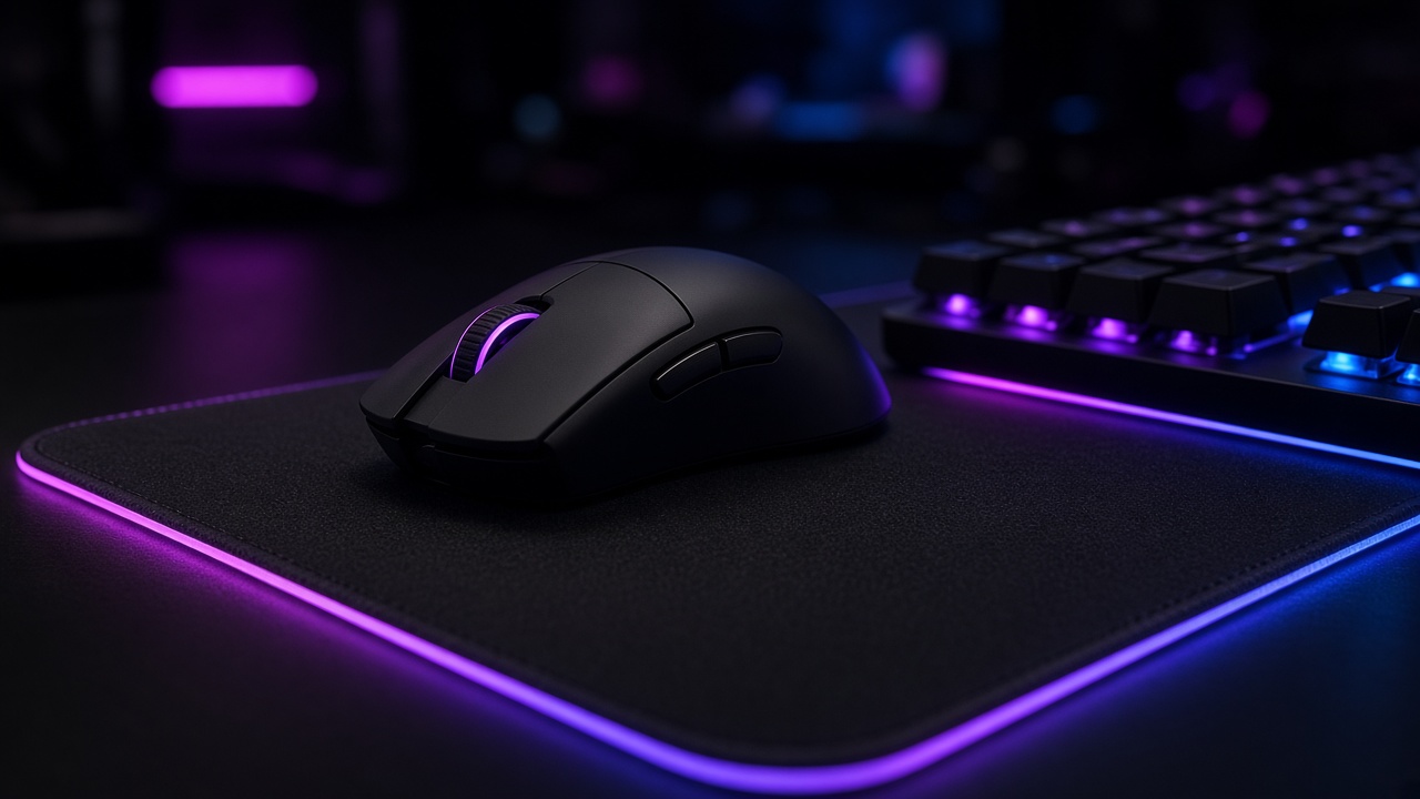 Low-angle view of a gaming mouse on an illuminated mousepad