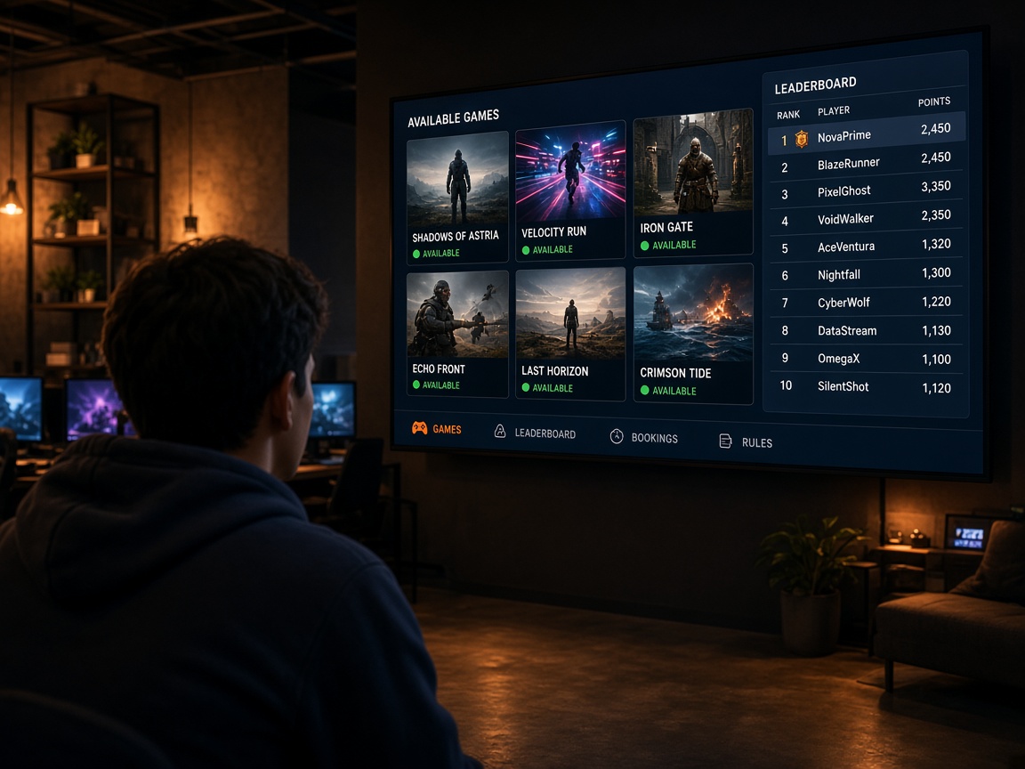 Guest reviewing a digital game menu on a large club screen